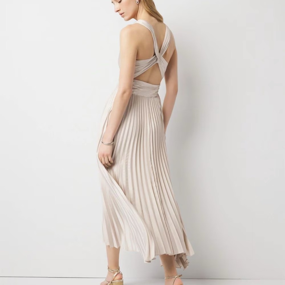 WHBM PROM Cream Satin Pleated Midi Dress‎ Cocktail Elegant Formal Crossback Sz 2